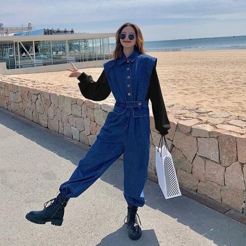 Denim Jumpsuit Women Fashion Splice Fake 2PCS Wide Leg Jeans Elegant Streetwear Spring Fall Loose One Piece Overalls Romper 3350