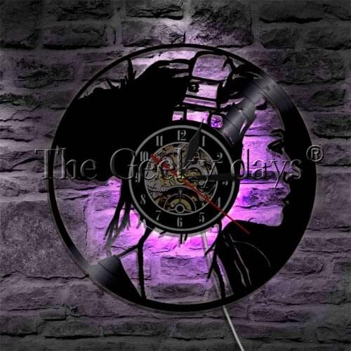 Beautiful Girl With Headphones Vinyl Record Wall Clock Music Girl Natural Hair Wall Watch Decor Art LED Hanging Lamp