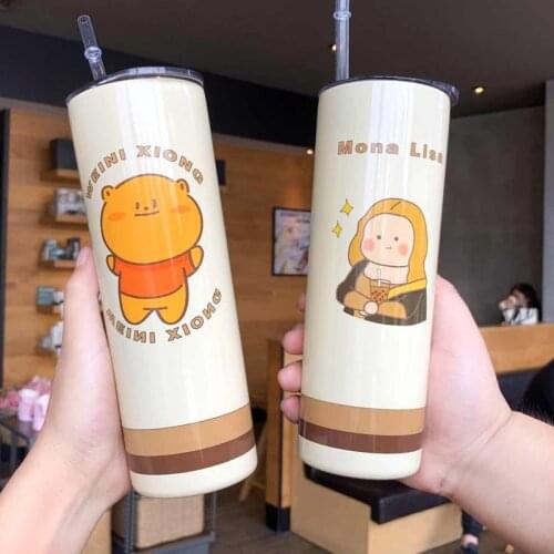 Creative Vacuum Cup Japanese Simple Cartoon Print Coffee Cup Cute Student Water Cup Car Leakage Proof Straw Vacuum Cup