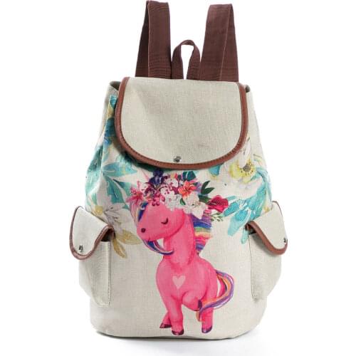 Drawstring Design Cute Unicorn Printing Linen Backpacks Teenage Girls Cartoon Shoulder Schoolbags Female Fashion Travel Bag 1672