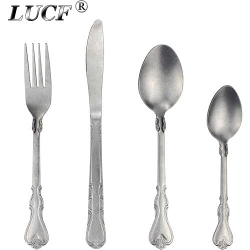 LUCF Classic Vintage Style Stainless Steel Western Dinnerware set Matte Antique Finish Cutlery Set Tableware For Kitchen Family