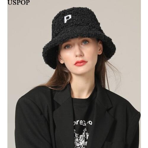 USPOP 2020 New Winter Hats Women Letter Embroidery Bucket Hats Thick Warm Lamb Wool Bucket Hats