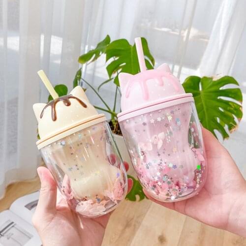 Cats Paw Plastic Water Bottle With Straw Double Layers Korean Sweet style Creative Gift Mug For Milk Coffee Tea Water Cup