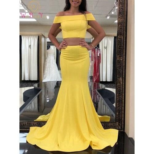Walk Beside You Two Piece Prom Dress Off the Shoulder Yellow Mermaid Satin Long Sweep Train Elegant Evening Gown Dress for Women