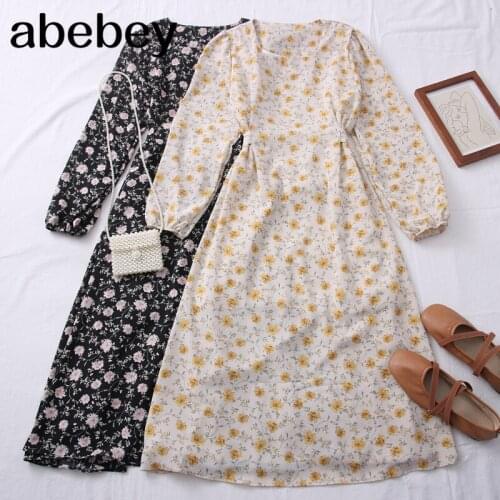 Boho Floral Dress Women Ruffles long sleeve Lace up A-line Dresses Summer French Retro Print Holiday Midi Dress