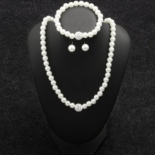 Full White Simulated Pearl Beads Stud Earrings Crystal Ball Bracelets Necklace for Women Jewelry Sets