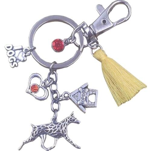Doberman Dog Animal Special Ethnic Keychain Key Ring Pet Tassels Retro Silver Plated Bohemian Women Men Jewelry Gift K022-25