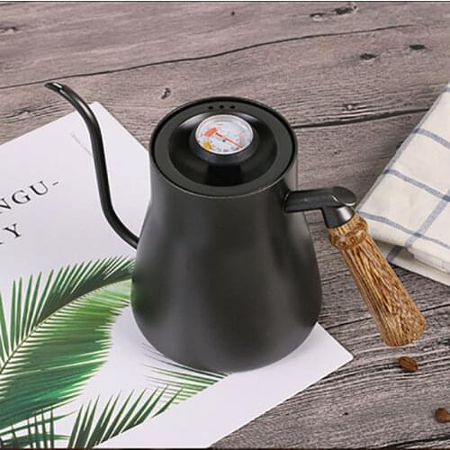 Thermometer Temperature Control Coffee Kettle with Wooden Handle and Lid 304 Stainless Steel Hand Made Coffee Pot