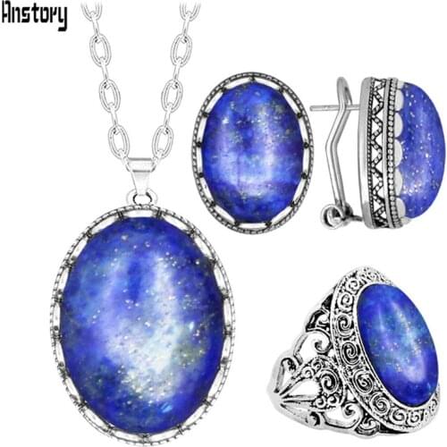 Vintage Oval Lapis Lazuli Jewelry Sets Natural Stone Tiger Eye Quartz Necklace Earrings Ring Fashion Set