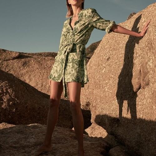 High quality ladies floral print dress temperament celebrity mini dress long sleeve belt cocktail dress