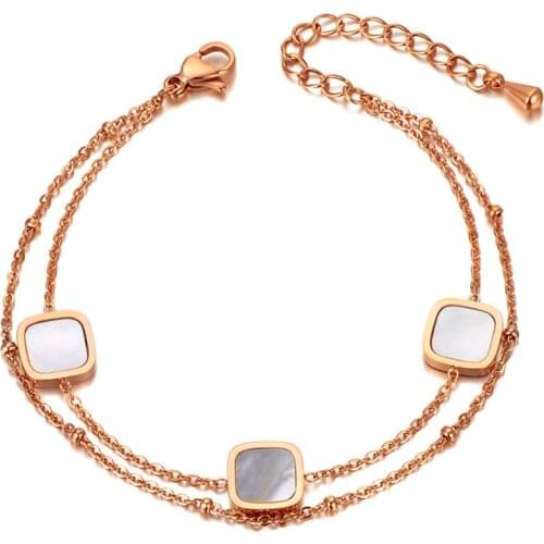 Rose Gold Double Layer Stainless Steel Acrylic & Shell Charm Bracelets For Women Bohemia Beach Chain Bracelet B20040
