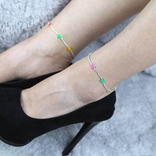 Romantic Enamel heart cz tennis chain anklet for women iced out bling 5A cubic zirconia 2020 summer fashion colorful leg chains