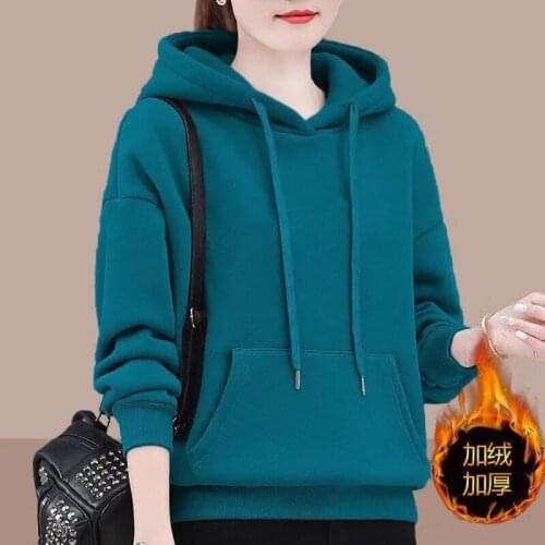 Plus Velvet Padded Sweater Women Winter 2021 New Warm Sweater Hooded Print Mothers Dress Was Thin Loose All-Match Blouse Trend