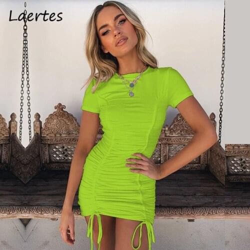 Laertes 2021 Summer Mini Sexy Dress Short Sleeve Draw String Ruched O Neck Lace-up Casual Yellow Red Party Bodycon White Dress