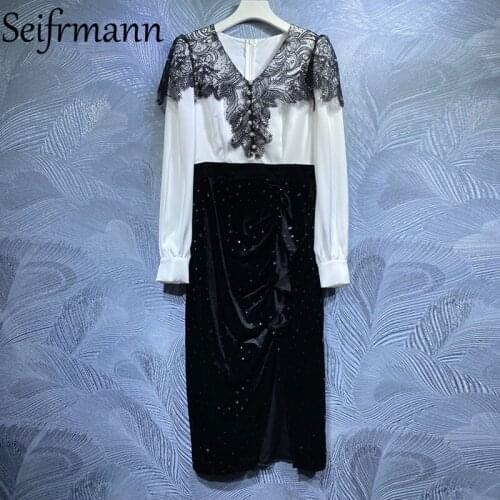 Seifrmann New 2021 Autumn Women Fashion Designer Midi Dress Lantern Sleeve Lace High Waist Patchwork Dot Print Ladies Dresses