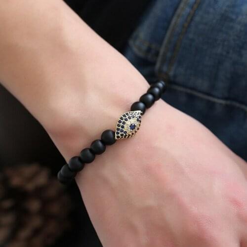 2019 Charm Copper Micro Inset Zircon Eyes Shape Fashion Elastic Bangle Black Pumice Stone Buddha Beads Bracelet for Women Men