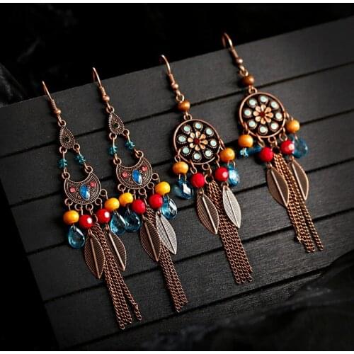 2019 Womens Geometric Bronze Long Chain Tassel Jhumka Earrings Bohemia Flower Tibetan Earrings Oorbellen