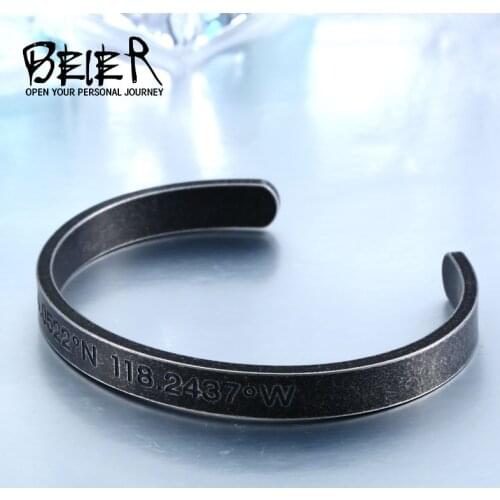 BEIER GPS Latitude and Longitude Fitness Black Bracelet Stainless Steel Open Cuff Bangles for Men Antique Jewelry BRG-015