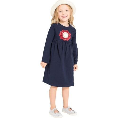 Little Bitty New Spring Autumn Kids Blue Big Floral Sequined O-neck Girls Pocket 2-11yrs Full-sleeved Cotton Knitted Dresses