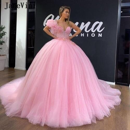 JaneVini Elegant Pink Ball Gown Long Quinceanera Dresses 2020 Sweetheart 3D Flowers Pearls Tulle Puffy Princess Prom Party Gowns