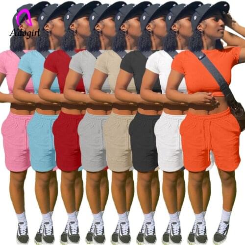 Fitness Women 2 Piece Set Solid Short Sleeve Crop Tank Top + Baggy Shorts 2021 Summer Jogger Set Workout Activewear Tracksuit