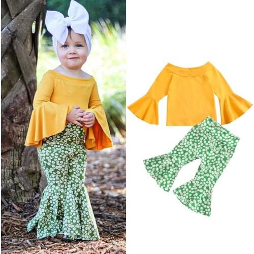 FOCUSNORM 0-4Y Autumn Lovely Baby Girls Clothes Sets 2pcs Off Shoulder Long Flare Sleeve T Shirts Floral Printed Pants