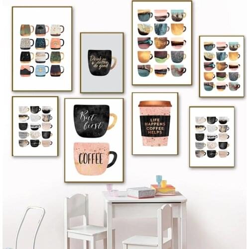 Nordic Canvas Paintings First Coffee Colorful Cups Coffee Kitchen Prints Poster Wall Art Pictures Living Room Home Decor Cuadros