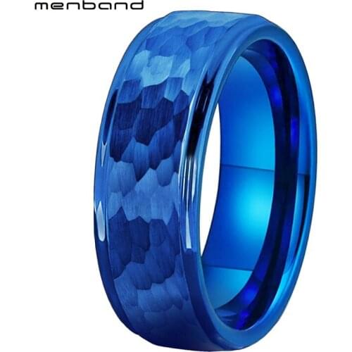 6MM 8MM Blue Tungsten Carbide Wedding Band Ring For Men Wome Stepped Edges Multifaceted Hammered Brushed Finish Comfort Fit