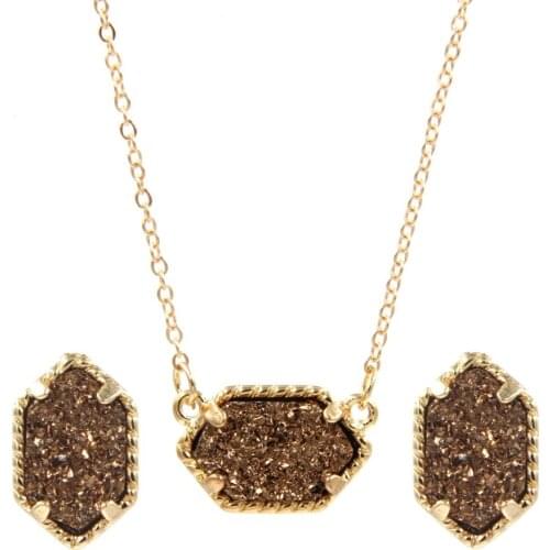 YJX030 Wholesale 6 Set Lot Mini Pendant Necklace With Stud Earrings Jewelry Set Glitter Druzy Drop Boutique Womens Chic Jewelry