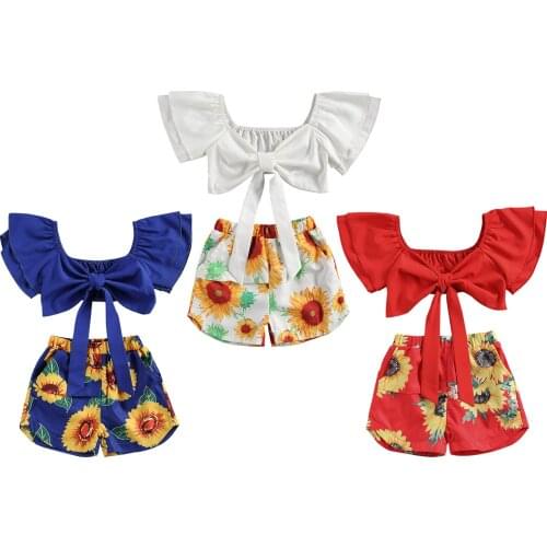 Citgeett Summer Kids Baby Girs Clothing Set Bowknot Solid Tops and Sunflower Print Shorts Two-piece Suit Clothes Set