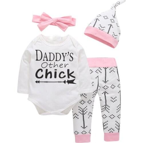 4PCS Sets New born Infant Baby girls clothes Daddys Other Chick Bodysuit+Love Arrow Pants+Hat +Headband Toddle Girl Outfit