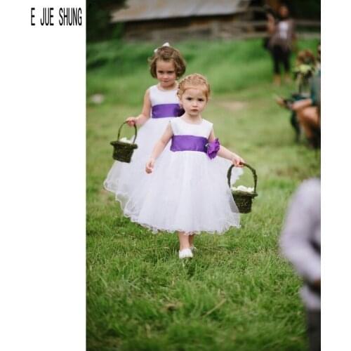 E JUE SHUNG Pretty Flower Girls Dresses First Holy Communion Dresses White and Purple Kids Birthday Party Gowns Pageant Dresses