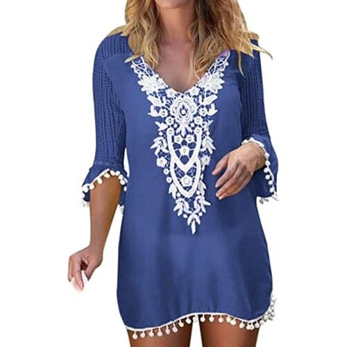 Summer Bikini Cover Up Sexy Beach Mini Dress Cover Up Women Swimsuit Chiffon Tassels Dress Elegant Beach Bathing Suit Tunic 2XL