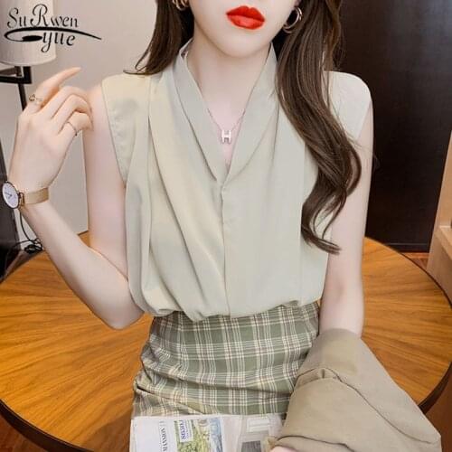 2021 Summer New Sleeveless V-neck Camisole Womens Shirt Chiffon Solid Color Womens Top and Blouse Korean Female Vest 14500
