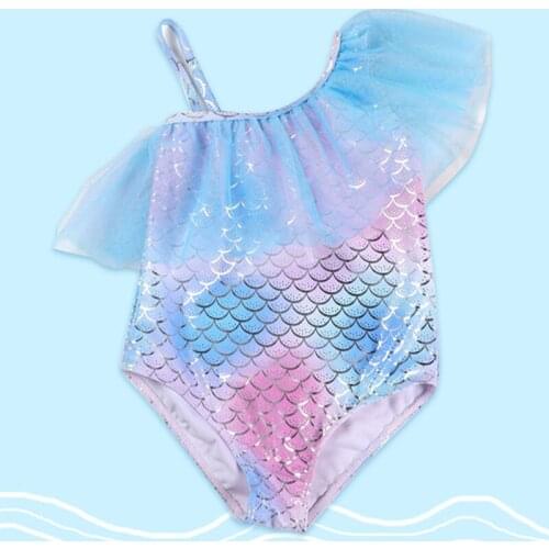 Cute Kids Baby Girls Fish Scale Print One-piece Swimsuit Children Off Shoulder Mesh Ruffle Romper Swimwear Bathing Suit