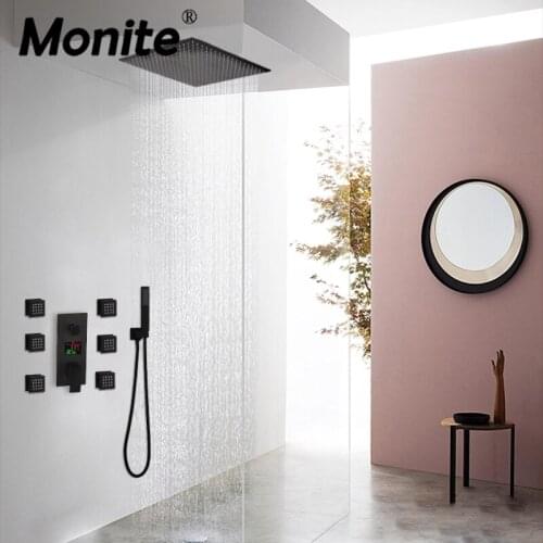 Monite Thermostatic Temperature Display Black Shower Head Message Jets Wall Mount Rainfall Bathroom Kit Hand Shower Faucet Set