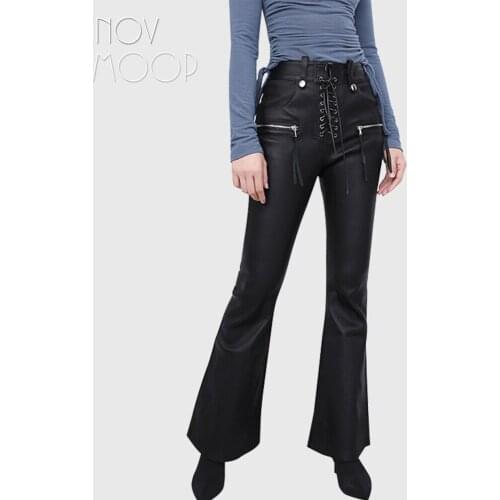 Movmoop slightly flared wide leg open women pants sheepskin genuine leather drawsting fly LT3313