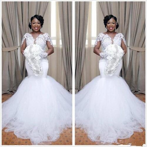 Nigeria african Mermaid Wedding Dresses Sheer Long Sleeves Tulle Lace Applique Ruched Sweep Train Wedding Bridal Gowns
