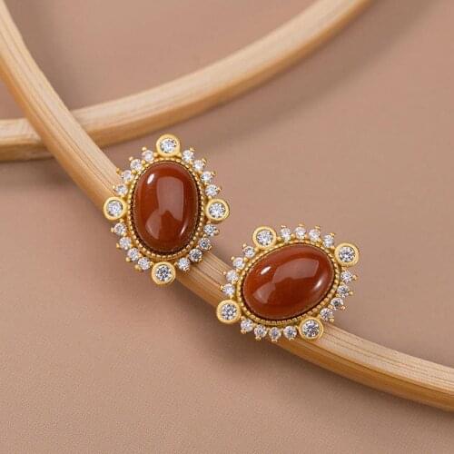Original S925 Sterling Silver Gold-Plated Natural South Red Stud Earrings Vintage Inlaid Stud Earrings Elegant Elegant Elegant S