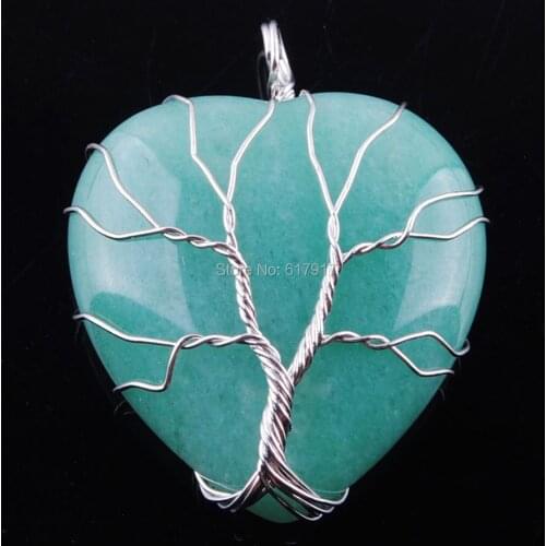 RONGZUAN Silver Color Tree of Life Wire Wrap Water Natural Aventurine Gem Stone Heart Bead Pendant Necklace Chain TN3558