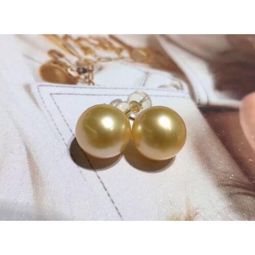 D114 Fine Jewelry Pure 18 K Gold Natural Fresh Water Golden Pearl 9-10mm Stud Earrings for Women Fine Pearl Earrings
