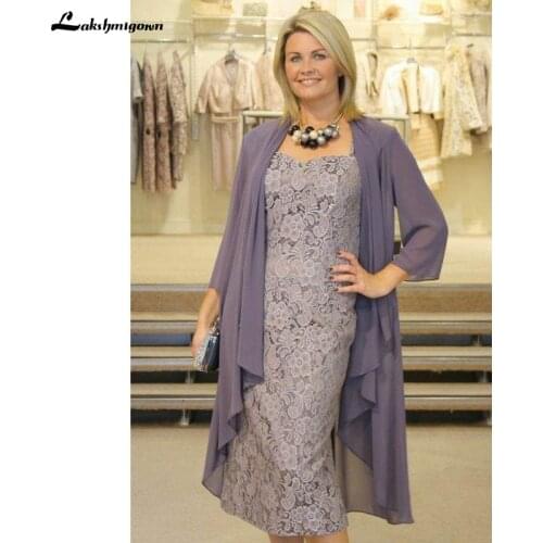 Sweetheart Two Pieces Three Quarter Knee-Length Chiffon Lace Mother of the Bride Dresses with Coat robe mere de la mariee 2021