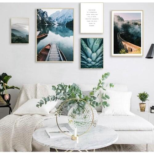 Scandinavia Forest Mountain Lake Boat Landscape Nature Poster Canvas Painting Wall Art Pictures Print for Living Room Home Decor