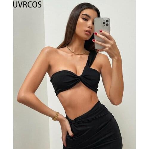 UVRCOS 2 Piece Set Solid color Elastic Elegant Party Night Off Shoulder Short Crop Tops And Long Loose Skirts Streetwear Suits