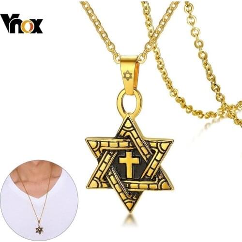 Vnox Stainless Steel Magen David Pendant for Men Cross Necklaces Textured Megan Star of David Religious Jewelry HOMBRE Collier