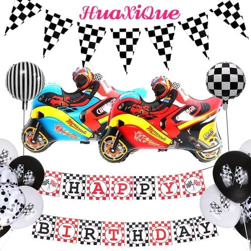 Boy Motorcycle Theme Party Happy Birthday Cartoon Black White Lattice Aluminum Film Latex Balloon Pull Flag Party Decoration