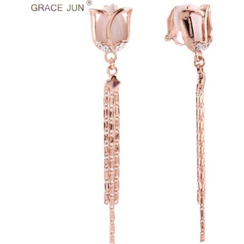 GRACE JUN 2018 New Fashion Opal Tulip Shape 3 Strands Tassel Clip on Earrings No Hole Earrings Gorgeous Flower Pierced Earrings