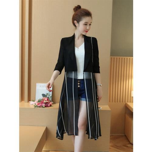 2021 Summer New Mid-length Sun Protection Clothing Women Chiffon Shirt Seven Point Sleeve Female Striped Shawl Thin Coat aq347