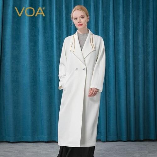 VOA 60m/m Heavy Silk Lapel Shoulder-length Long Sleeves Bumping Edges Loose OL Wind Spring Long Trench Coat Women Fashion FE57