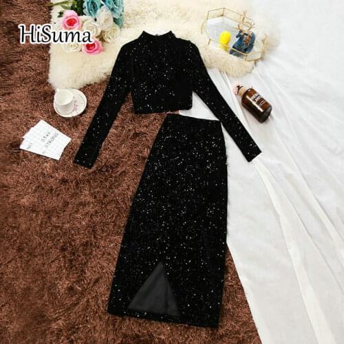 2021 spring new women chic o-neck sequined velvet shirt high waist split bling bag buttocks skirt suit female two piece set
